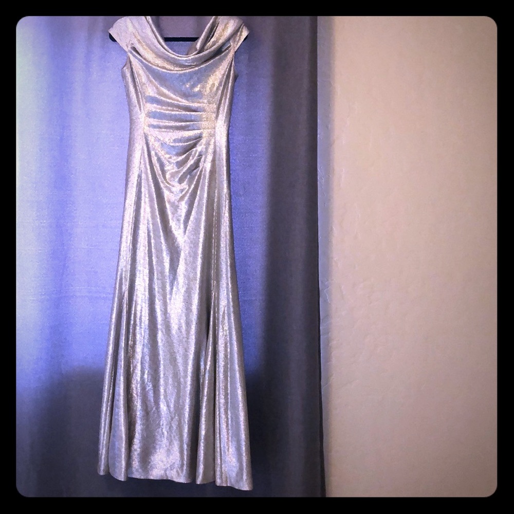 Tahari Metallic Silver Formal Gown